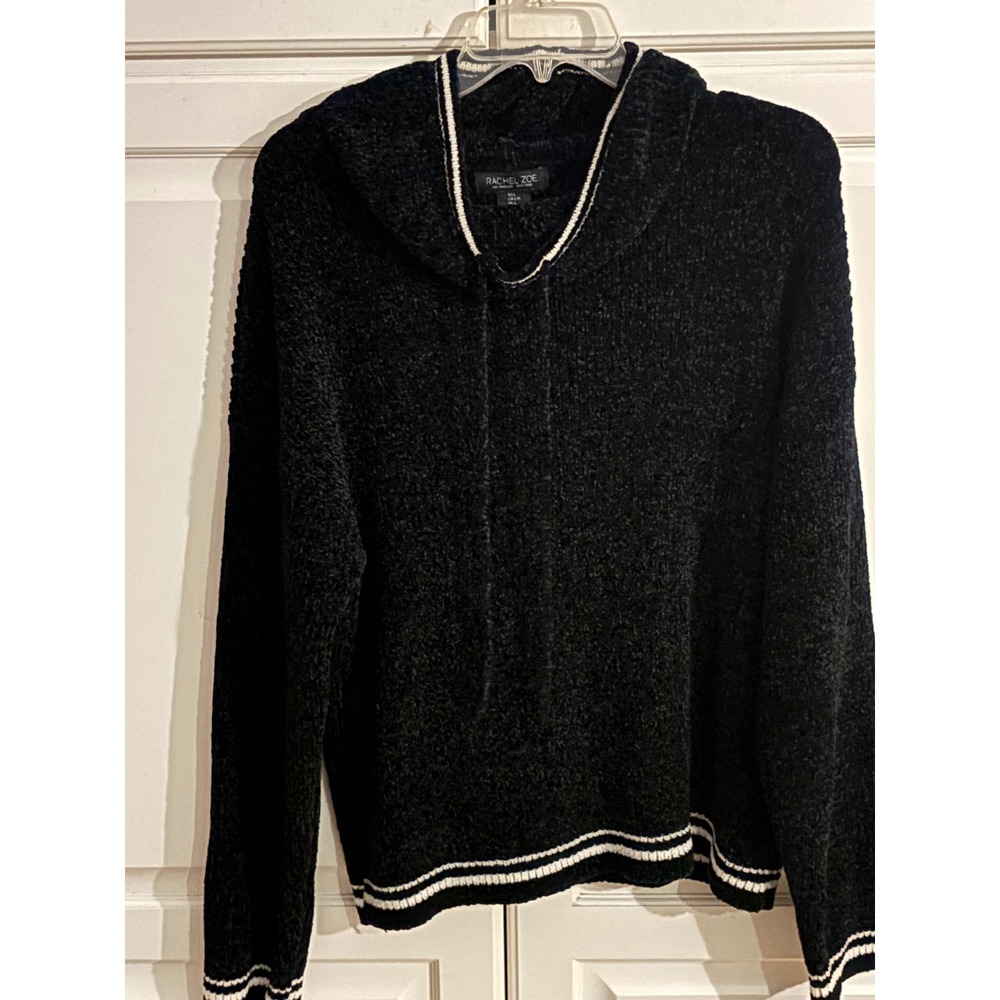 Rachel Zoe Black Chenille Knit Hoodie White Striped Trim Varsity Pullover XL